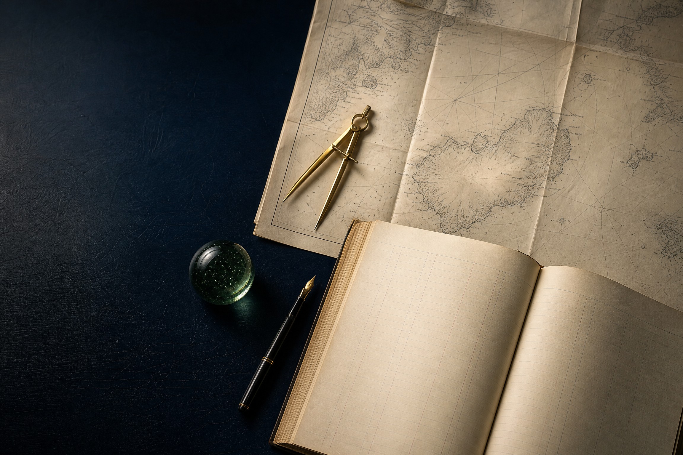 Archival ledger, nautical chart and brass compass representing legal research and matter preparation