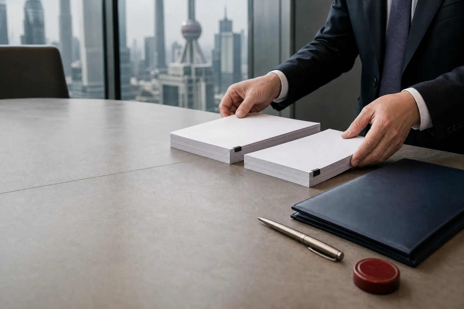 Legal planning desk with source documents, authority records and evidence file