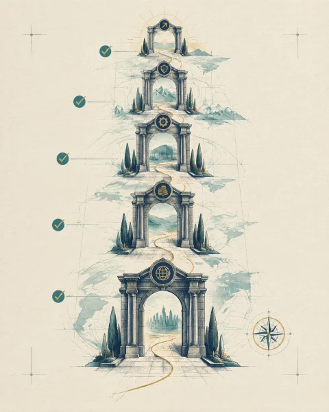 Five illustrated architectural gates representing the company expansion sequence