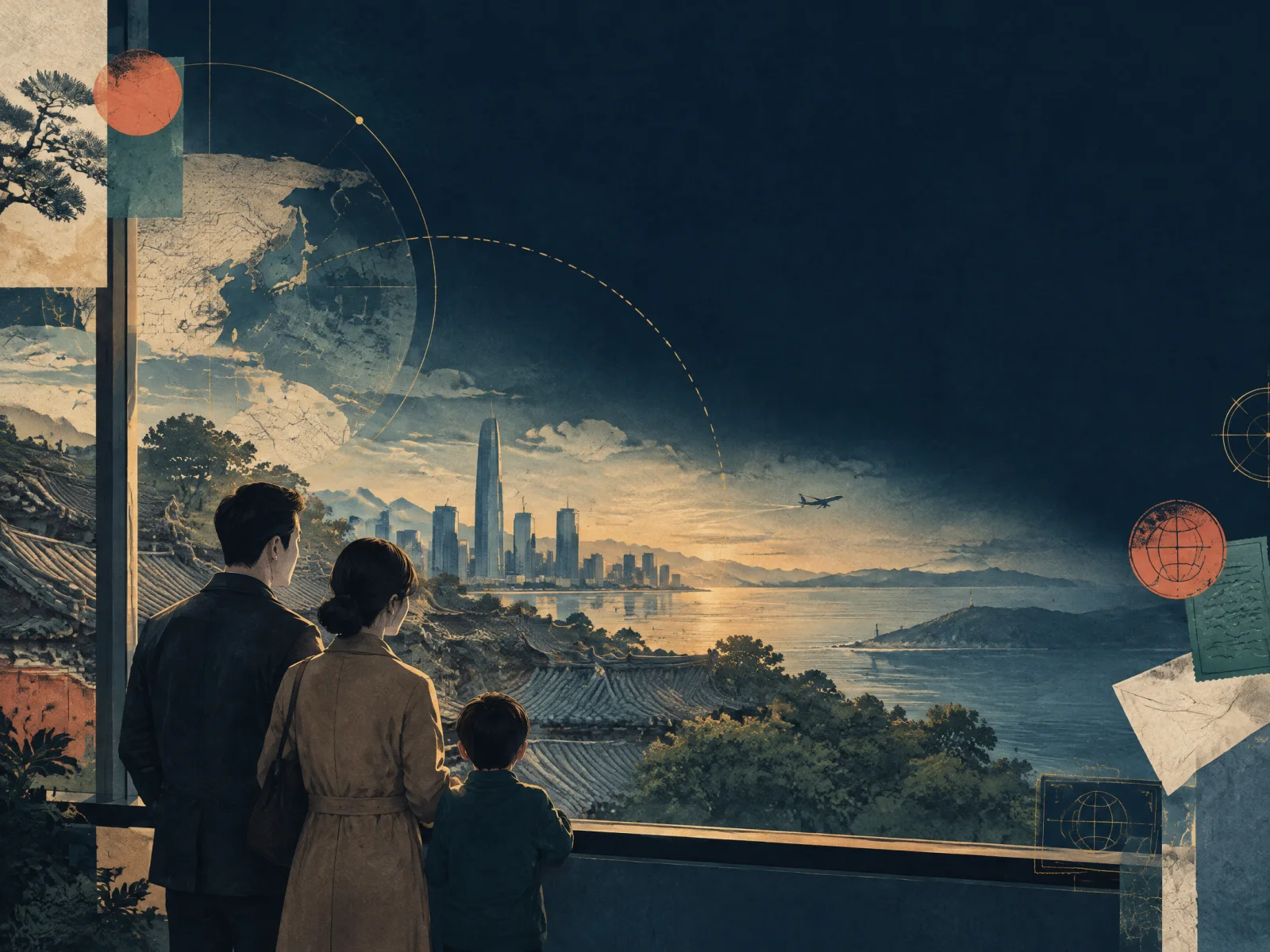 A family looking across a mapped horizon connecting China and an overseas destination