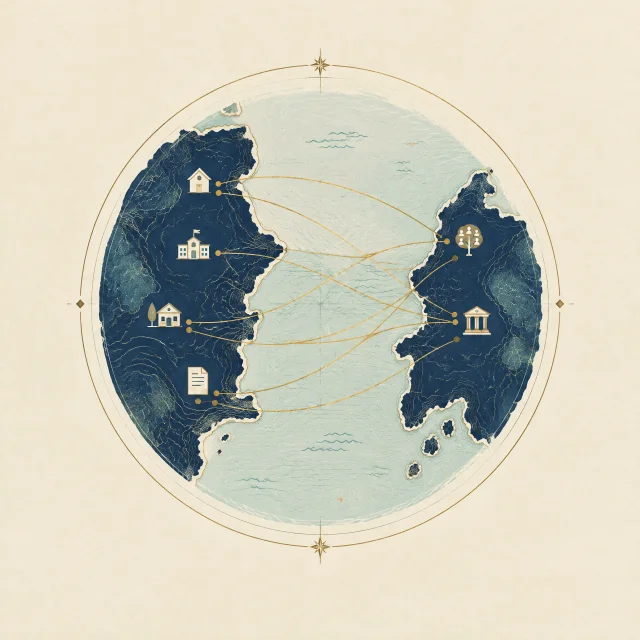Decorative map illustration showing homes, documents and counsel connected across borders