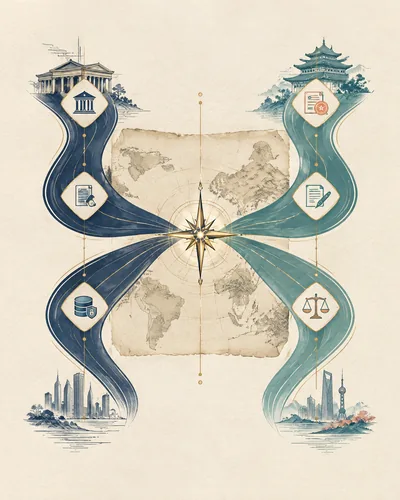Two legal workstreams from China and a destination jurisdiction meeting at a central compass