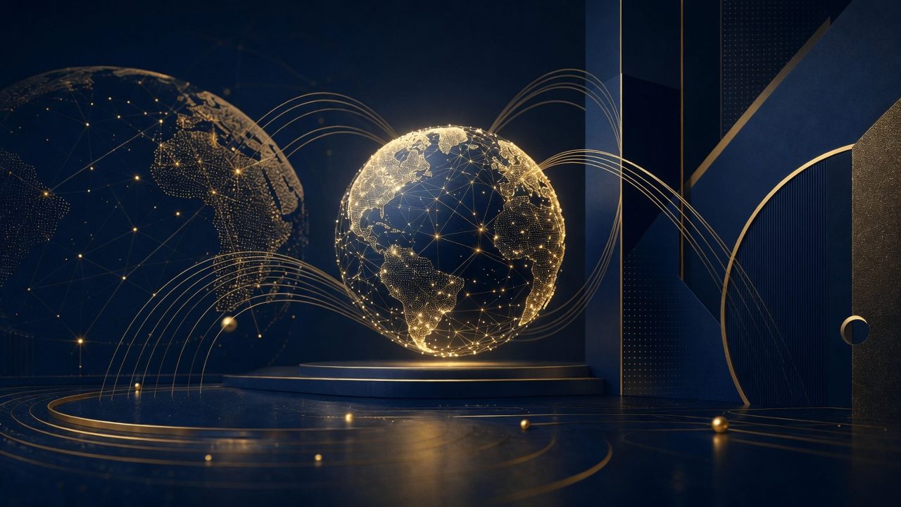 Abstract gold globe with trade routes representing technology going global