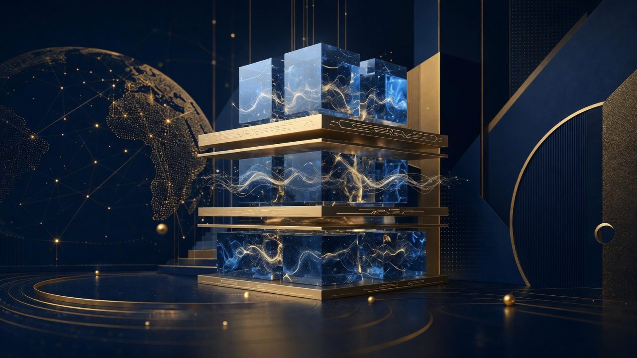 Abstract navy-and-gold data archives representing AI training sets and privacy
