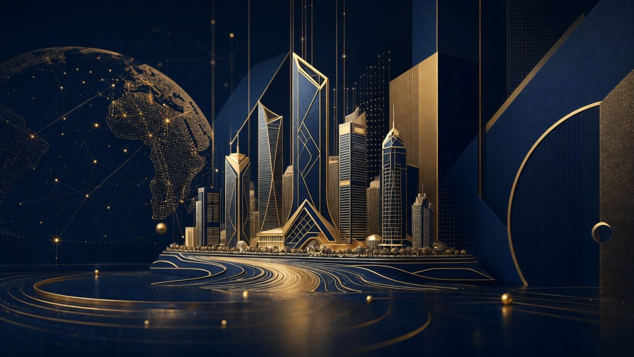 Abstract navy-and-gold riverfront skyline representing Shanghai disputes