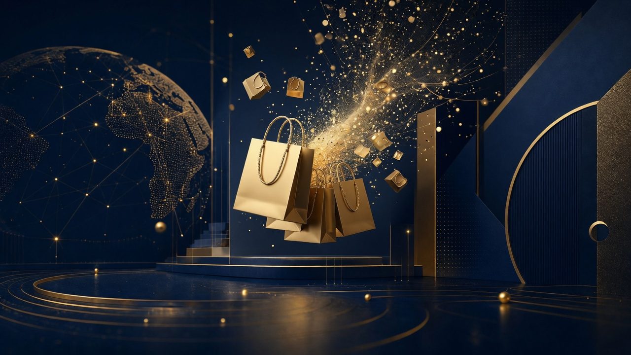 Abstract gold shopping forms dissolving into data representing customer and ad data