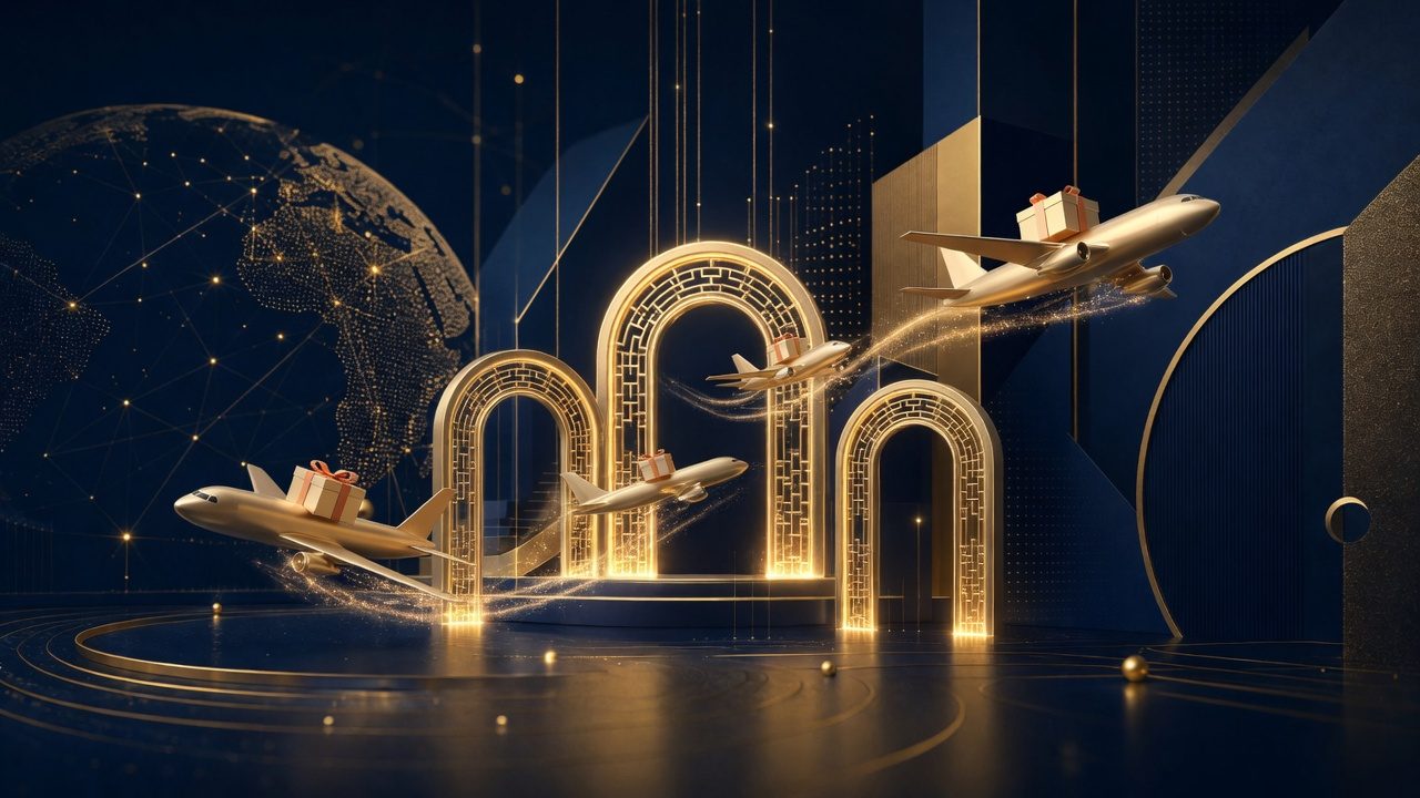 Navy and gold abstract shopping portals representing China e-commerce regulation