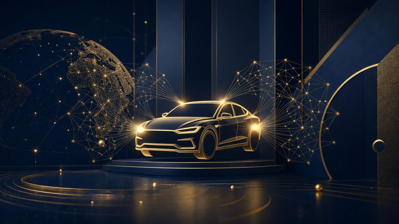 Abstract connected-vehicle outline representing China vehicle data rules