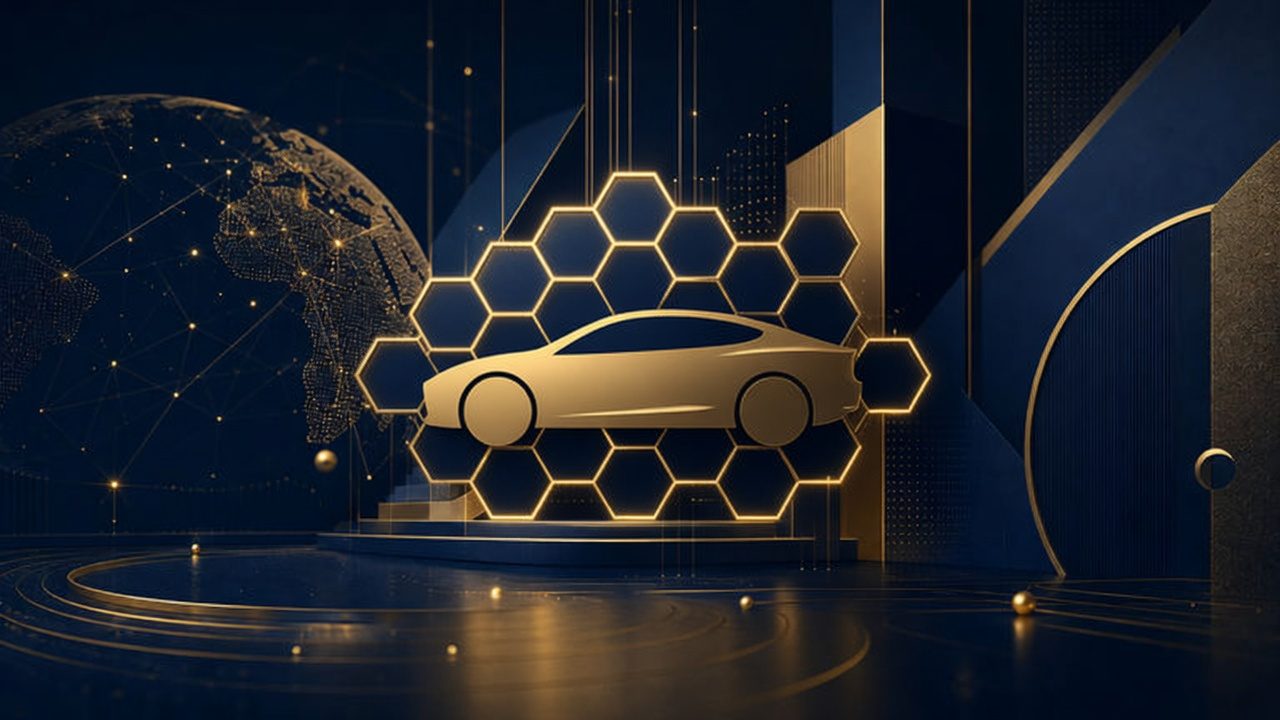 Navy and gold abstract EV and battery-cell lattice representing new-energy vehicle law