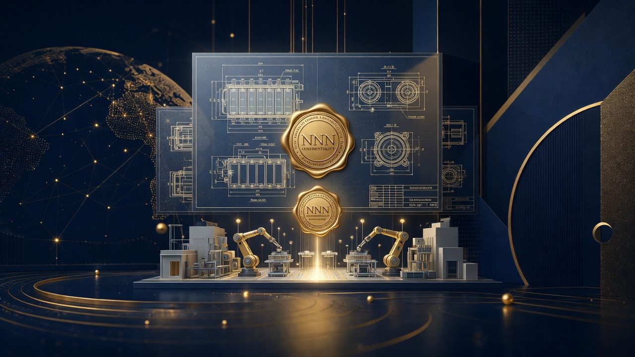 Abstract gold manufacturing drawings representing NNN confidentiality for EV suppliers