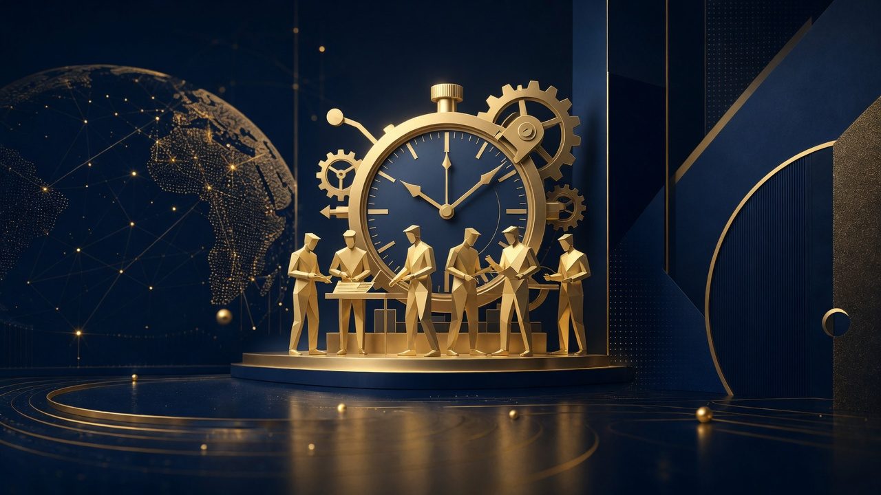 Abstract gold factory figures representing labour compliance