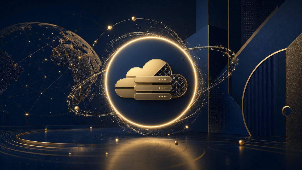 Abstract gold cloud servers representing cross-border financial data