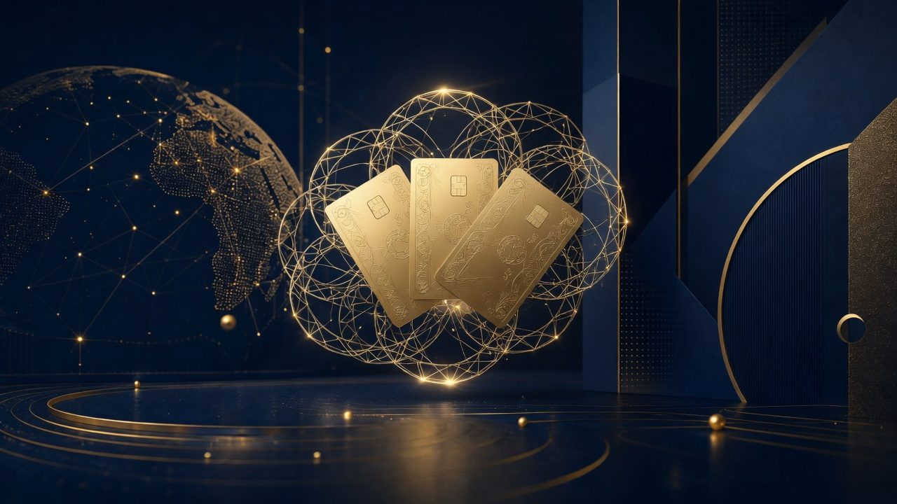 Abstract gold cards and risk lattice representing consumer finance