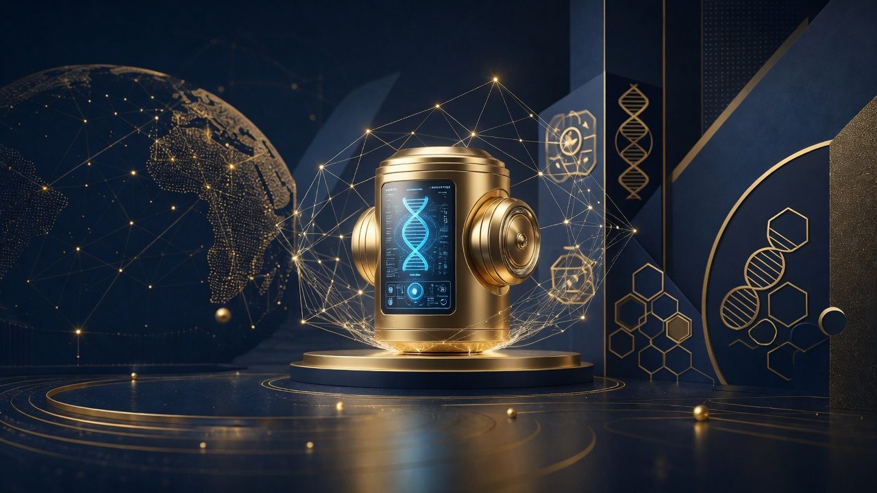 Abstract gold medical device representing clinical and health data rules