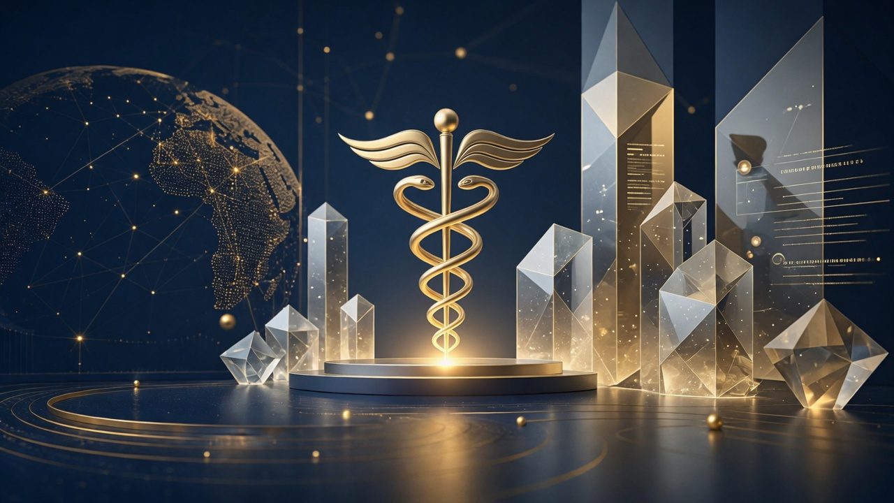 Navy and gold abstract medical helix representing healthcare and life sciences law