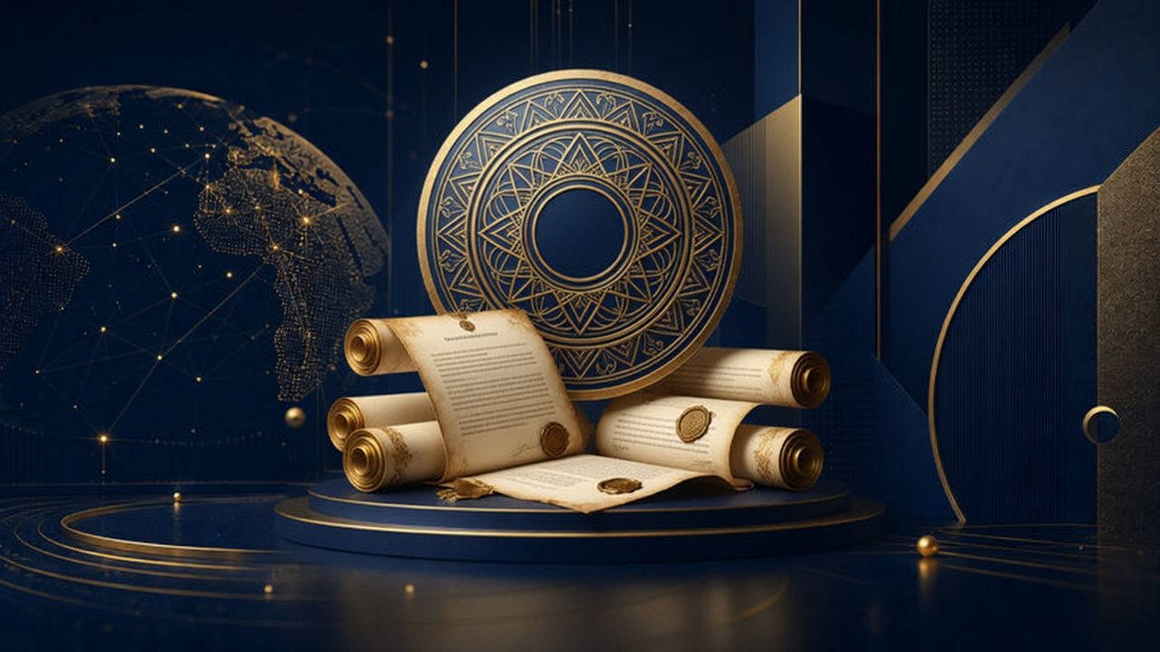 Abstract gold stamped scrolls representing Apostille and notarization