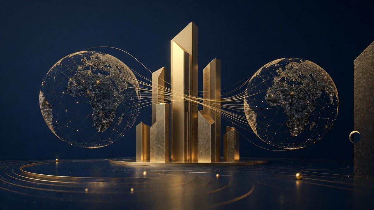Abstract gold towers bridging continents representing ODI outbound investment