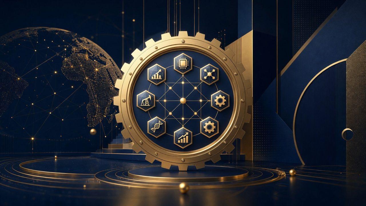Navy and gold compass of industry nodes representing sector knowledge centres