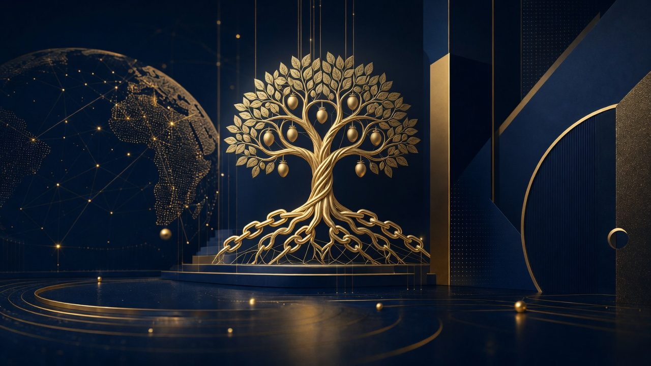 Abstract gold supply-chain tree representing ESG and forced-labour diligence