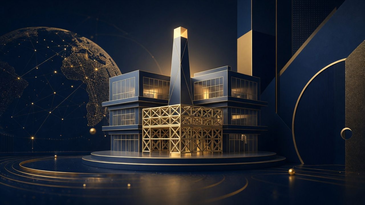 Navy and gold abstract factory halls representing manufacturing FDI and operations