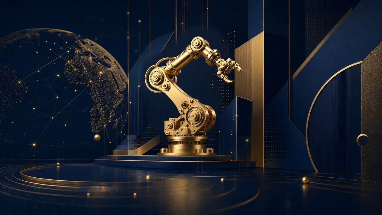 Navy and gold abstract robot arm representing industrial robotics law