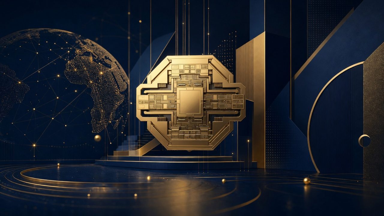 Navy and gold abstract semiconductor wafer representing export-control tech