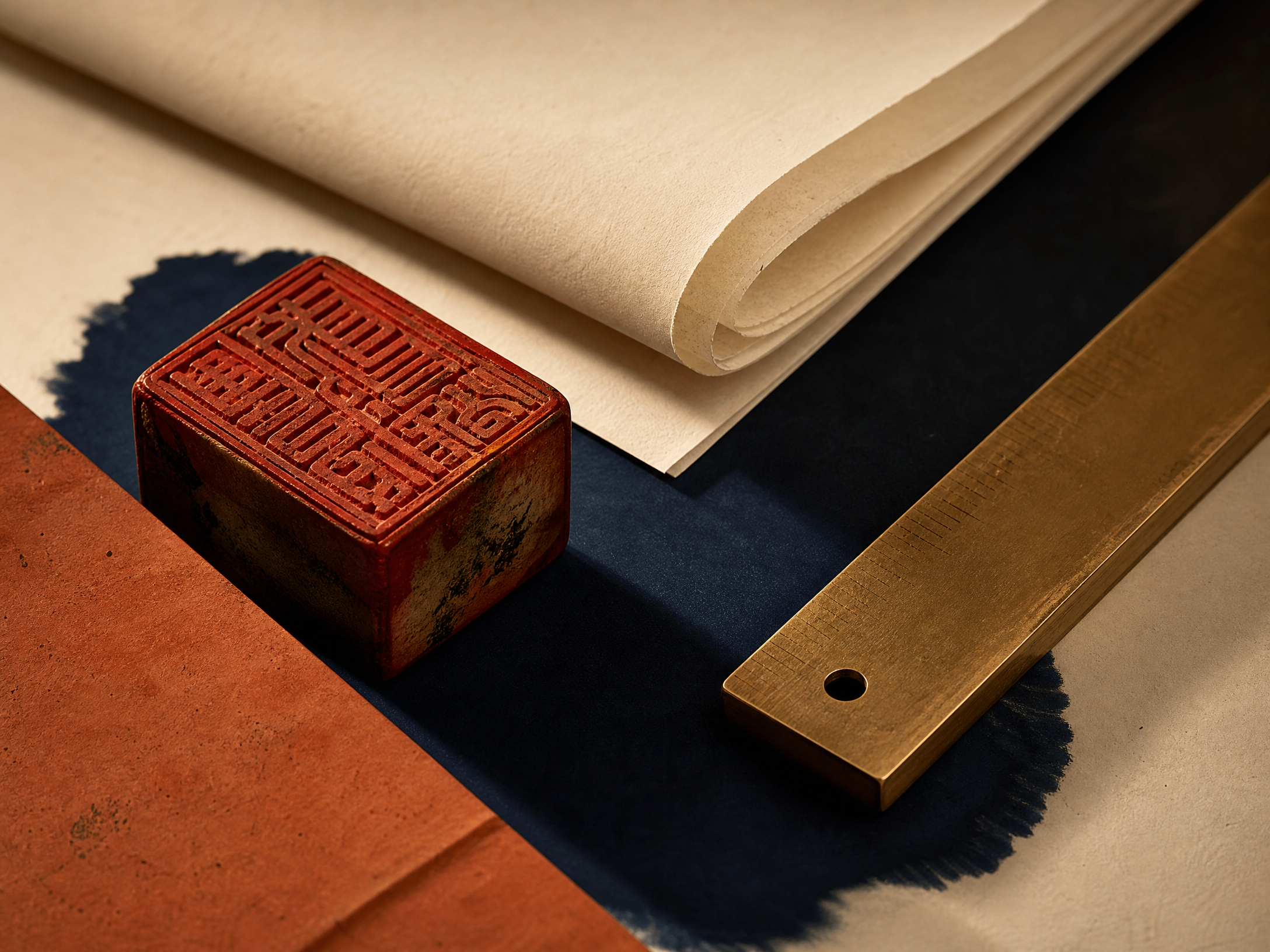 Red seal stamp on legal paper and a brass ruler