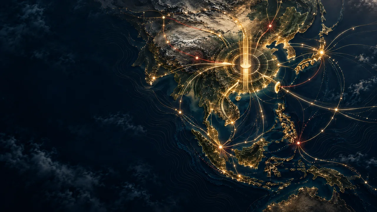 Abstract illuminated market networks converging around competition-review thresholds in East Asia.
