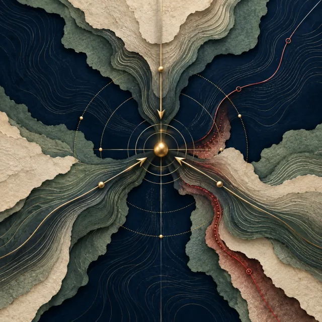 Layered market forces converging at an abstract competition decision point.