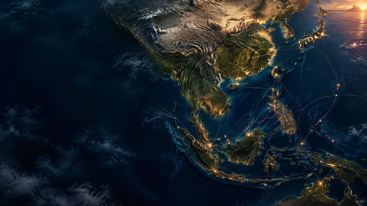 Abstract illuminated routes across East Asia representing cross-border investment review pathways.