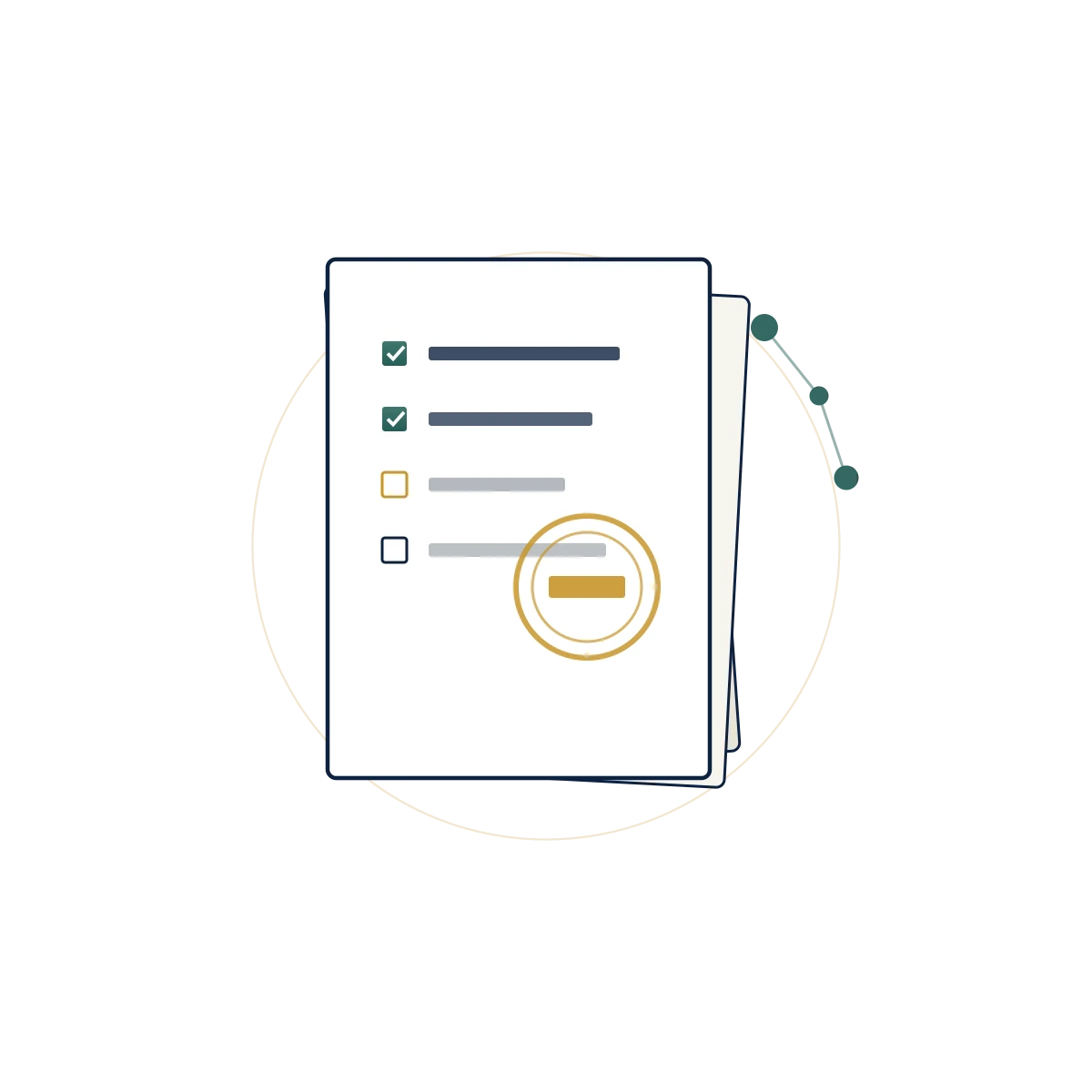 Stacked compliance evidence file with checklist stamps and vendor map