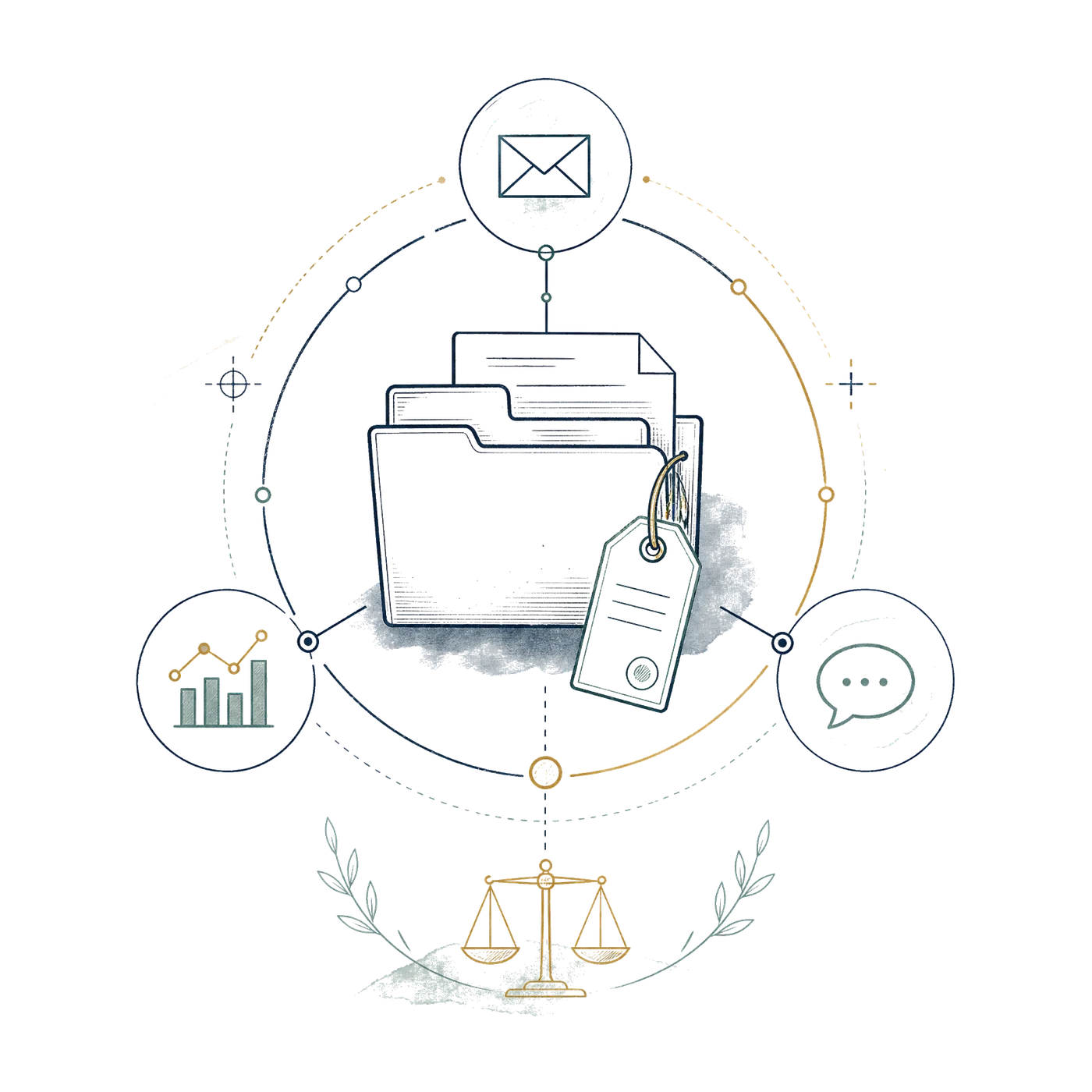 Abstract evidence-map illustration showing a case file and connected evidence sources