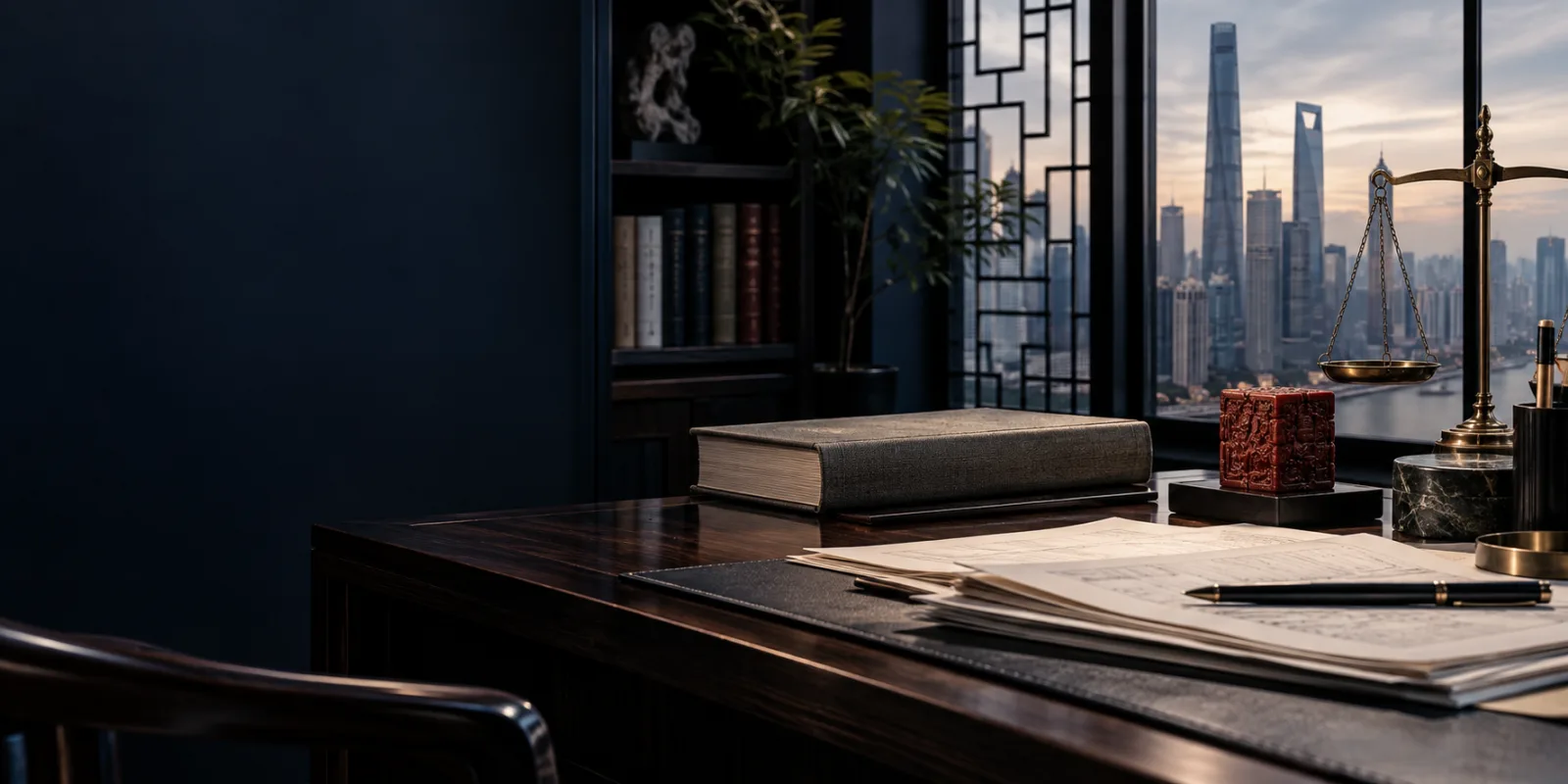 China arbitration and legal research workspace overlooking Shanghai