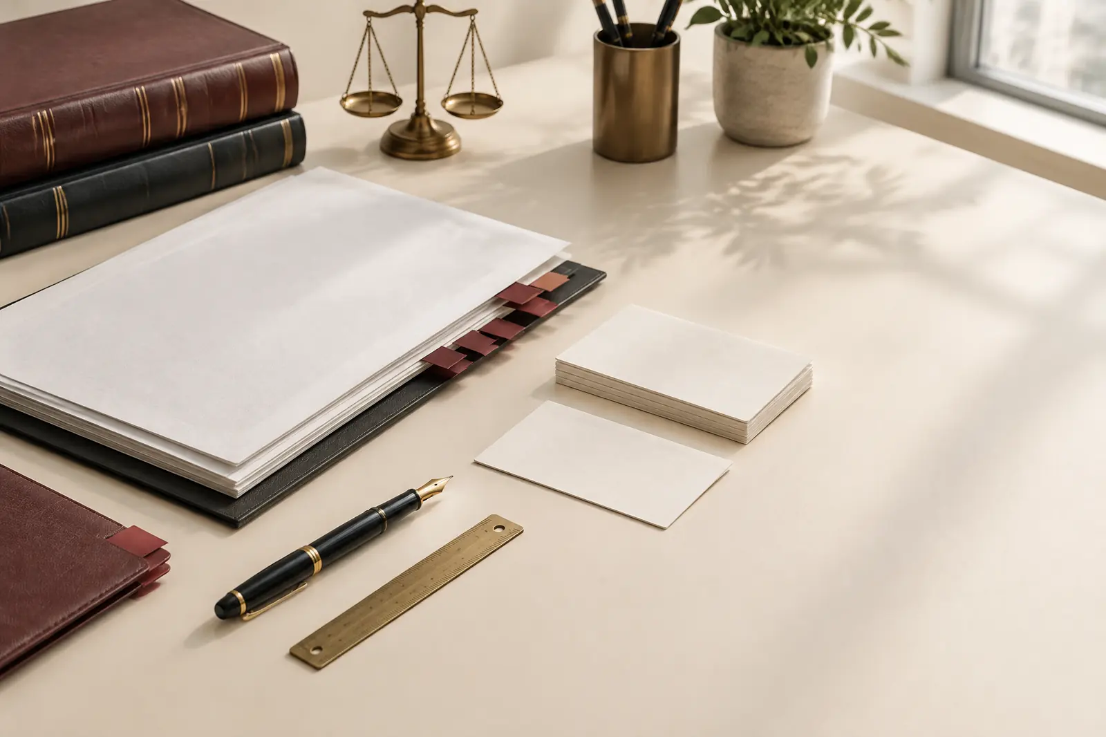 Editorial desk with briefing papers, a fountain pen and brass ruler