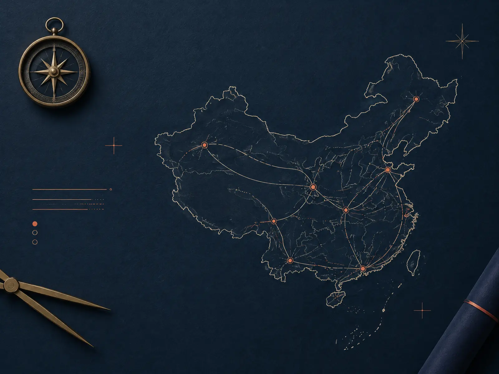 Editorial route map of China with connected city markers and a compass